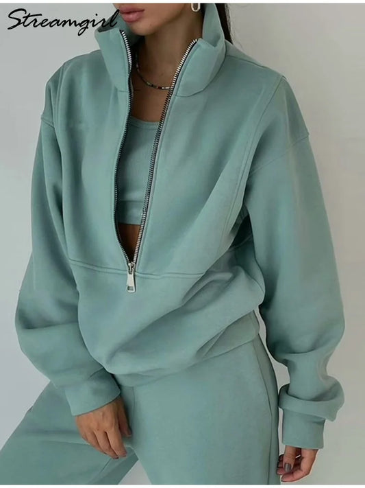 Gray Warm Fleece Suit For Women Winter Thick Velvet Pants Sets Sweatpants Sweatshirt Ladies Warrn Tracksuit Women Two Piece Set