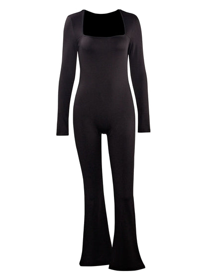 2024 Spring and Autumn Women's Long Sleeve Belly Tightening Waist Hip Lifting Square Neck Wide Leg High Elastic Jumpsuit