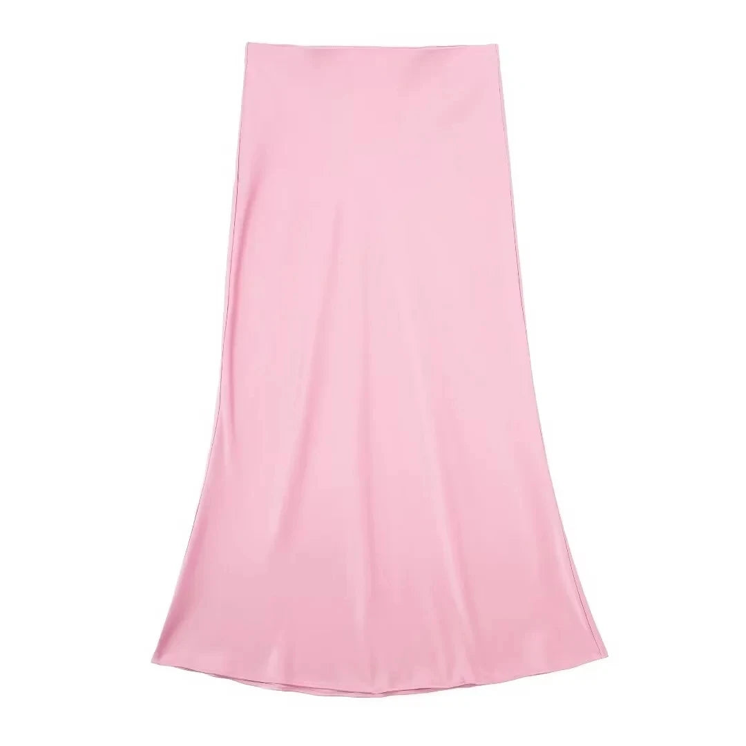 HH 2024 Y2K Casual Women Long Skirt Spring Elastic High Waisted A-Line Casual Female Satin Skirts High Street Lady Skirts