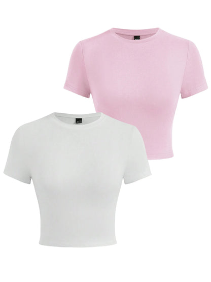 Y2K Woman Solid Cotton Crop Tops Short Sleeve High Elastic T-Shirt Soft O-Neck Sporty Tees Summer Street Fashion Female Clothes