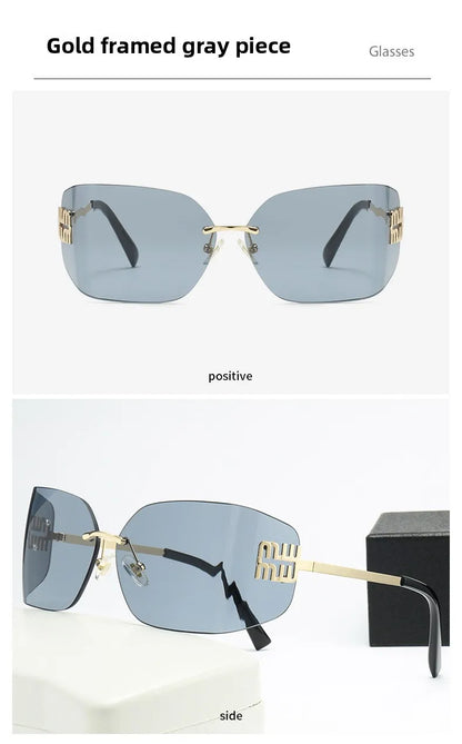 Curved One-Piece Sunglasses, Frameless Square Cut-Edge Design, UV400 Protection, Women's High-End Street Style