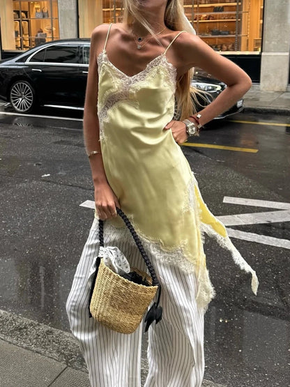 HH Elegant Sexy Women Lace Slip Mini Dress 2025 Sleeveless Asymmetry Dress Backless Slim Female Party Beach Sling Splicing Dress