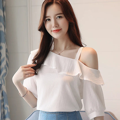 One-Shoulder Ruffles Short-sleeved Chiffon Blouse
