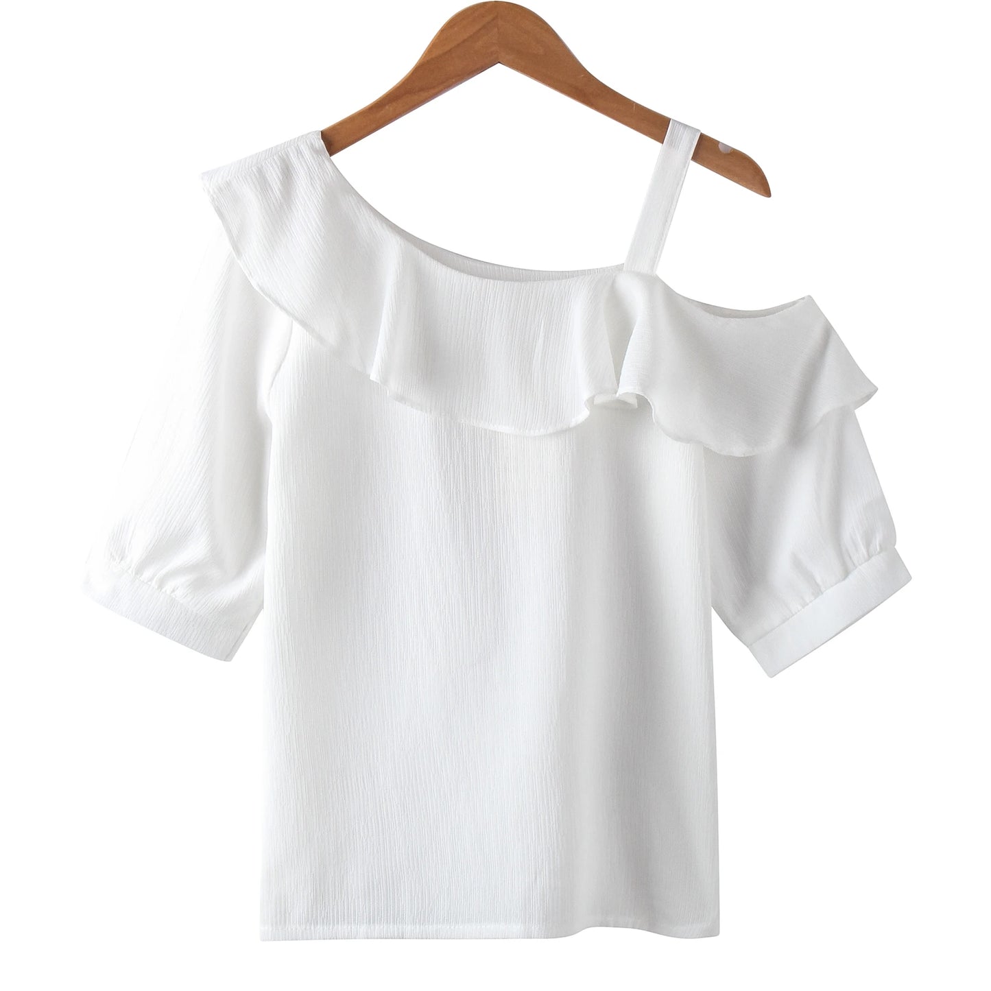 One-Shoulder Ruffles Short-sleeved Chiffon Blouse