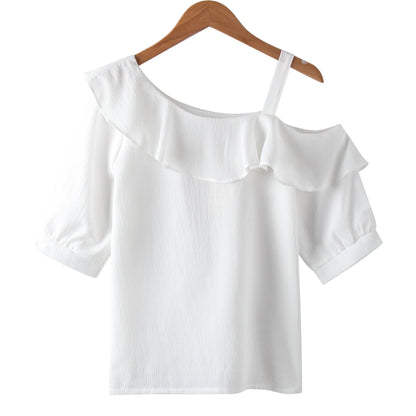 One-Shoulder Ruffles Short-sleeved Chiffon Blouse