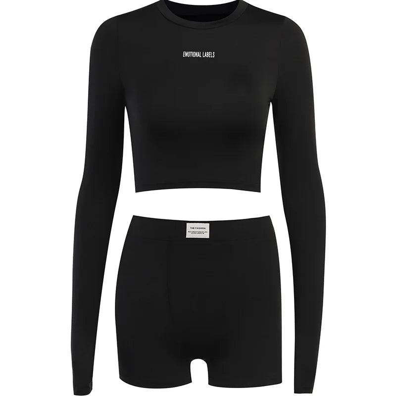 Round Neck Long sleeved Shirt and  Shorts Two piece Set