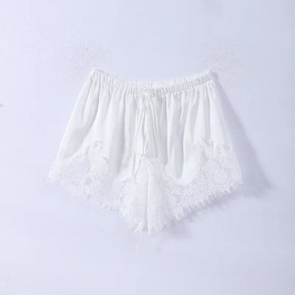 Women Short Set Satin Lace Spaghetti Strap V-Neck Top Drawstring Waist Lace Trim Shorts Elegant Casual Solid Two Piece Set Lady