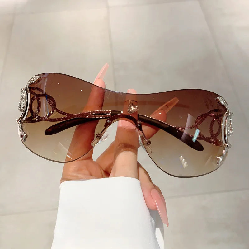 Rimless Gradient Snake Shaped Mirror Leg Sunglasses Oversized Y2k Trendy Wrap Around Punk