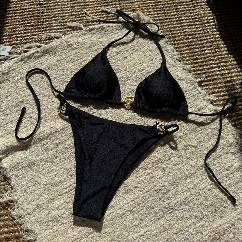 Vintage Metal Buckle Bikini Set Swimwear Women Sexy Triangle Halter High Cut Thong Bikini Push Up 2025 New Beach Bathing Suit