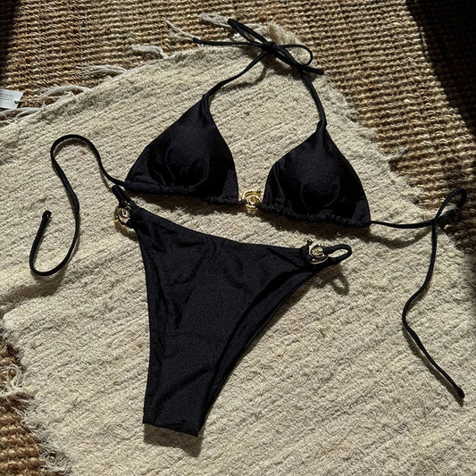 Vintage Metal Buckle Bikini Set Swimwear Women Sexy Triangle Halter High Cut Thong Bikini Push Up 2025 New Beach Bathing Suit