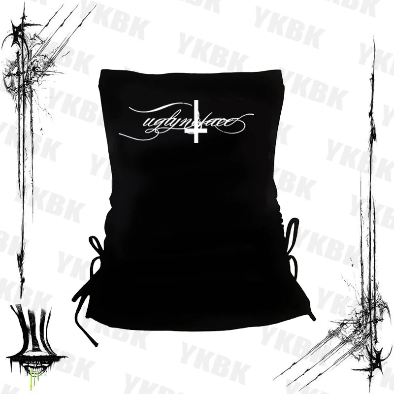 Letter cross print suspender casual streetwear harajuku grunge punk Y2K crop tops chic sexy lace trim emo girl hip hop women top