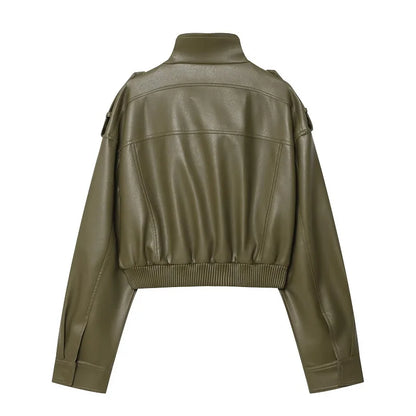 Faux Leather Cropped Jacket Women Bomber