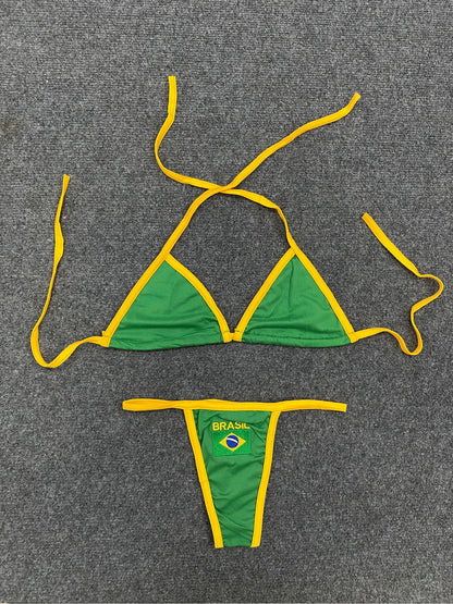 Women Clothing Summer Sexy Fashion Neck Lace Up Letter Embroidery Bikini Tops Sports Seaside Low Waist Thong Underwear Bra Set