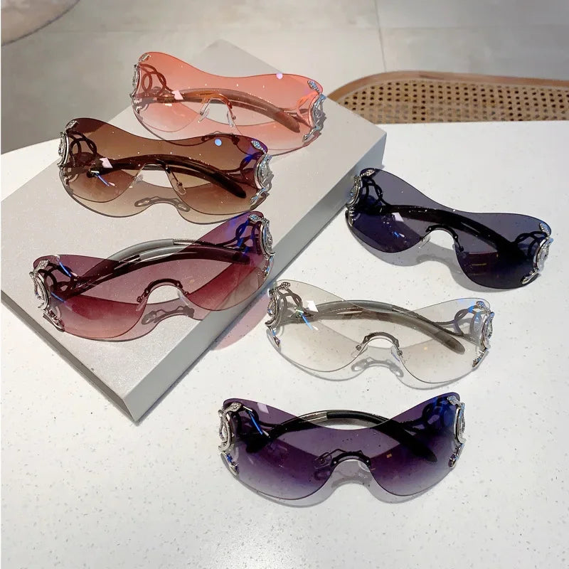Rimless Gradient Snake Shaped Mirror Leg Sunglasses Oversized Y2k Trendy Wrap Around Punk