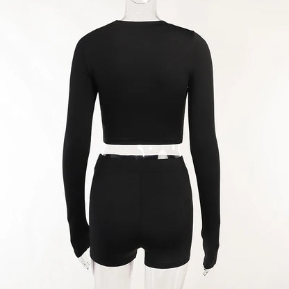 Round Neck Long sleeved Shirt and  Shorts Two piece Set