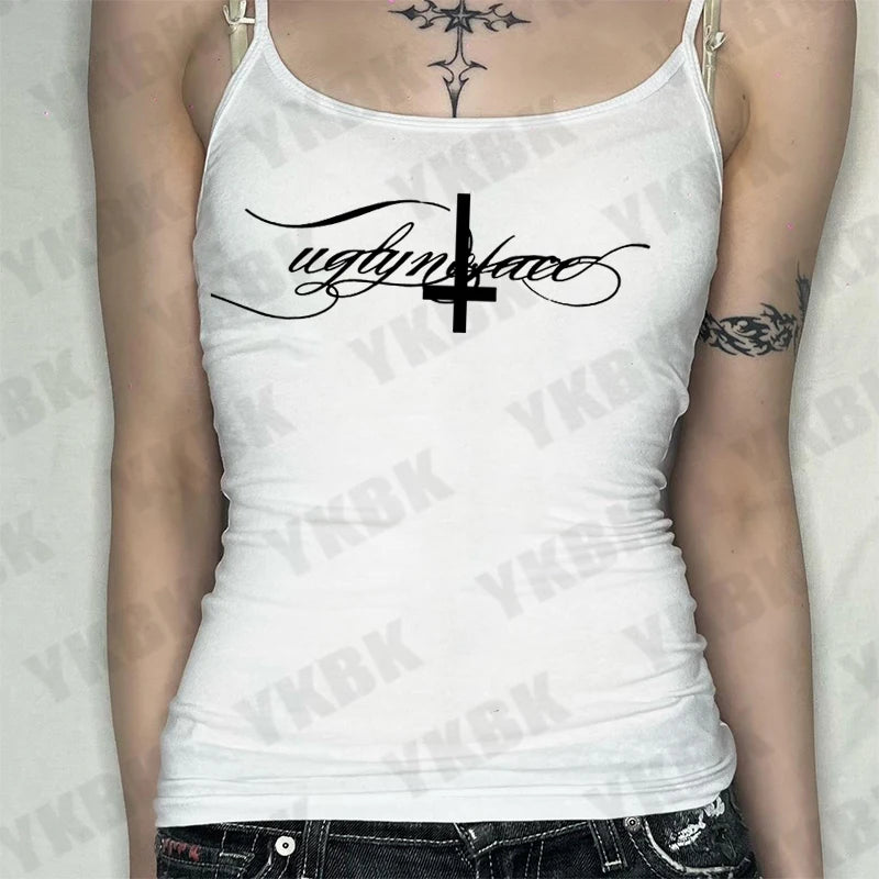 Letter cross print suspender casual streetwear harajuku grunge punk Y2K crop tops chic sexy lace trim emo girl hip hop women top