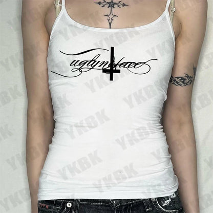 Letter cross print suspender casual streetwear harajuku grunge punk Y2K crop tops chic sexy lace trim emo girl hip hop women top