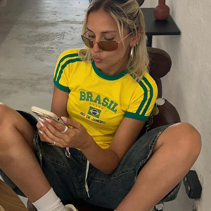 BRASIL Letter Print T-Shirt and Shorts Suit, Vintage Grunge  Short Sleeve Baby Tees,