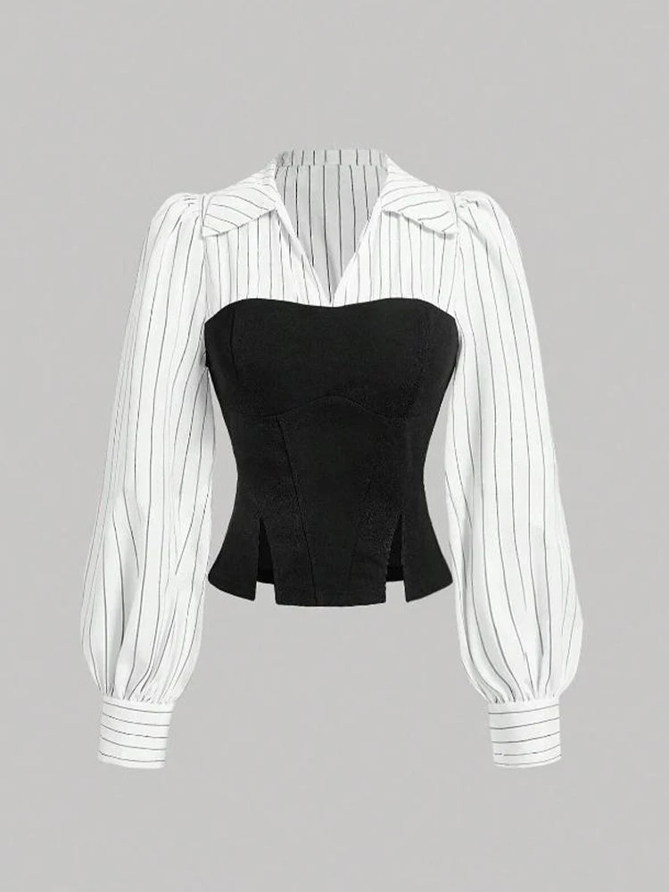 Women Elegant Striped Shirt  with Lapel Spliced