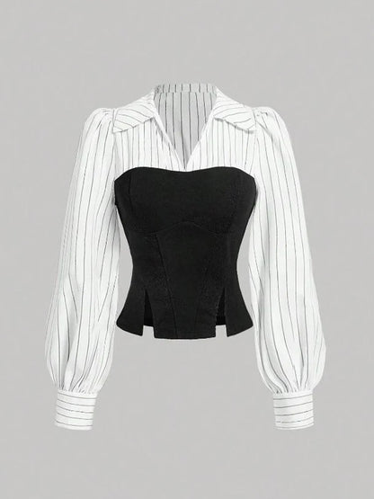 Women Elegant Striped Shirt  with Lapel Spliced