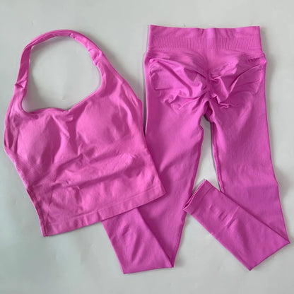 2pcs Women's Gym Set Backless Tank Top High Waist Scrunch Shorts Seamless Fitness Activewear Workout Suit
