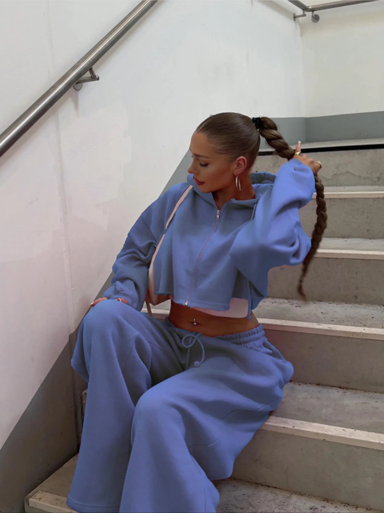 Hooded Zip-up Cropped Sweatshirt and Long Pants