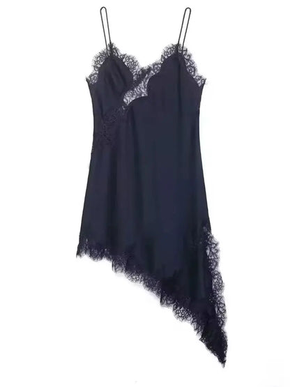 Women Lace Satin Dress Asymmetrical Lace Hem Spaghetti Strap V Neck Dresses For Woman Vacation Daily Evening Dress Vestidos