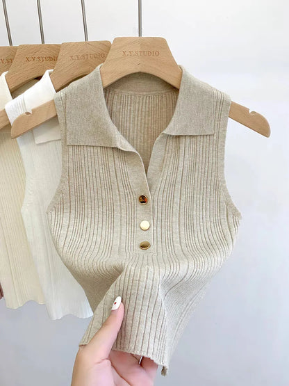 Summer Turn Down Collar Gold Button Slim Knitted Sweater Vests Elegant Knitwear Tank Tops BSTFSC-m1948