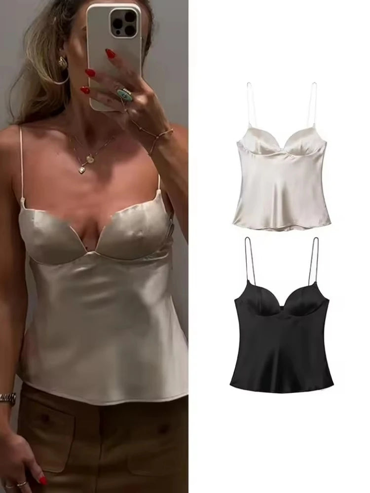2026 New Summer Satin Textured Black Sling Tops Women Elegant V-neck Backless Tops Shirt Women Sexy Tops Club Party Tanks