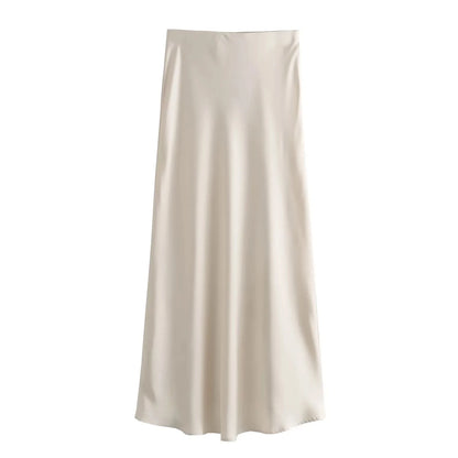HH 2024 Y2K Casual Women Long Skirt Spring Elastic High Waisted A-Line Casual Female Satin Skirts High Street Lady Skirts