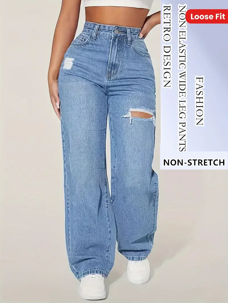 Trendy Wide Leg Distressed Straight Jeans for Women Elastic Casual Bootcut Denim Pants Bestseller Fashionable Ladies Jeans