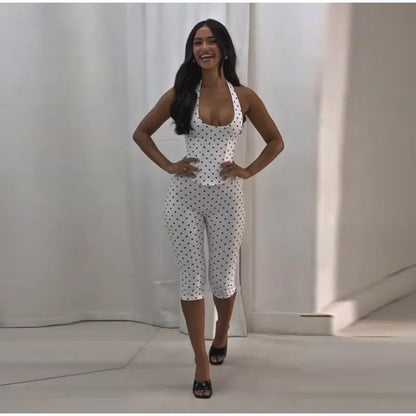 Fashion Polka Dot Two-pieces 7-inch Pants Sets Women's Slim Halter Waist-cinching Tops Hip-wrap Pant 2026 New Ladies Solid Suit