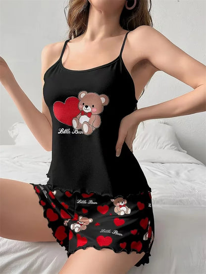 Cute Bear+Red Peach Heart Print Pajama Shorts Set