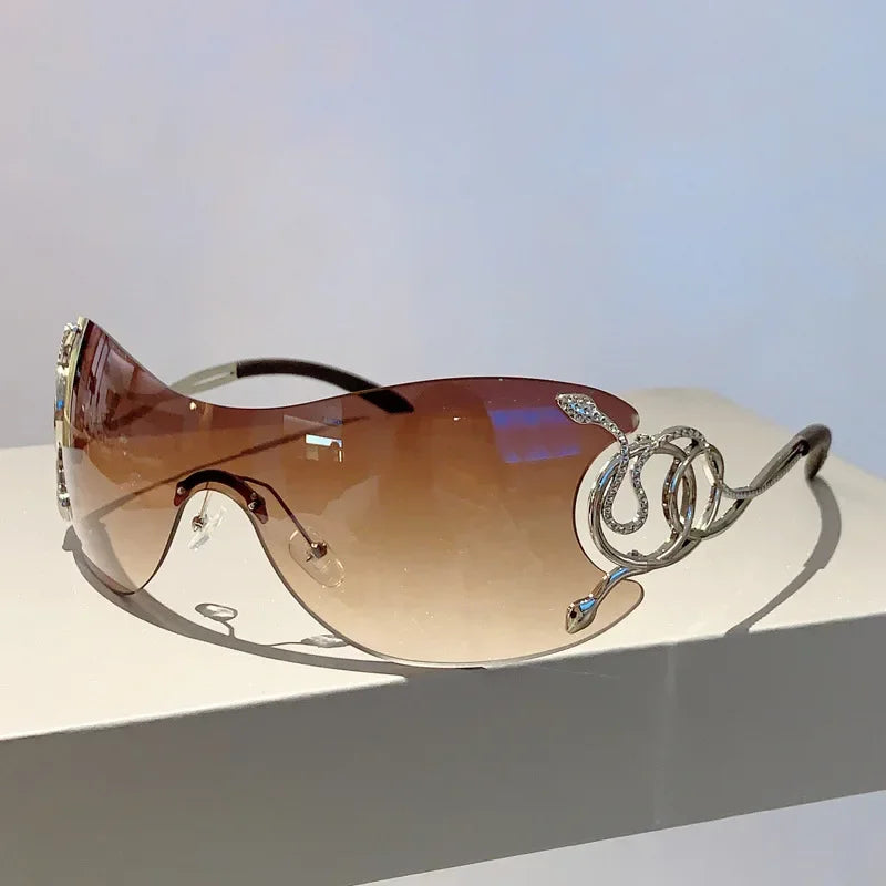 Rimless Gradient Snake Shaped Mirror Leg Sunglasses Oversized Y2k Trendy Wrap Around Punk