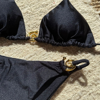 Vintage Metal Buckle Bikini Set Swimwear Women Sexy Triangle Halter High Cut Thong Bikini Push Up 2025 New Beach Bathing Suit