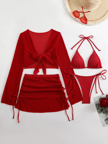 Sexy Solid Color Bikini Set Strap Crossbody Swimwear Polyester Fabric Backless Design for Swimming And Water Sports