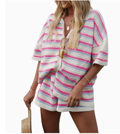 2025 Summer Women'S Hollow Striped Knitted 2 Pieces Set Short Sleeve Flip Collar Cardigan Single Breasted Casual Shorts Suits