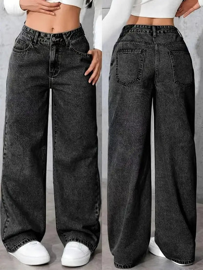 Trendy Wide Leg Distressed Straight Jeans for Women Elastic Casual Bootcut Denim Pants Bestseller Fashionable Ladies Jeans