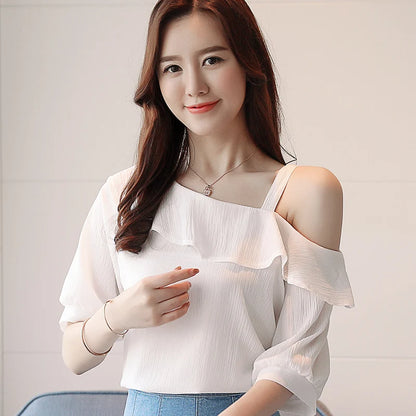 One-Shoulder Ruffles Short-sleeved Chiffon Blouse