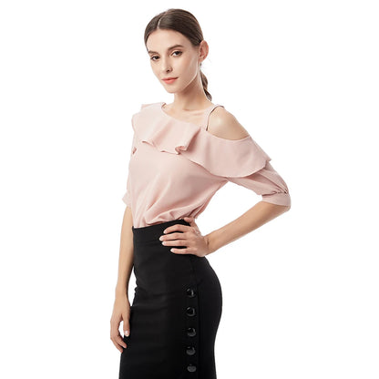 One-Shoulder Ruffles Short-sleeved Chiffon Blouse
