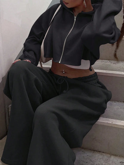 Hooded Zip-up Cropped Sweatshirt and Long Pants