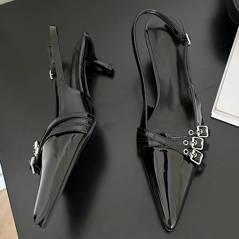 2024 Pointed Toe Shallow Ladies Heels Shoes Female Fashion Slingbacks New in Medium Heels Shoes for Women Footwear Mules