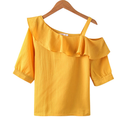 One-Shoulder Ruffles Short-sleeved Chiffon Blouse