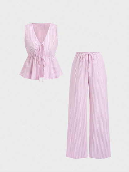 2026 Summer Two Piece Set Women Striped V Neck Lace Up Sleeveless Blouse High Waist Wide Leg Pants Suits Sweet Casual Tracksuits