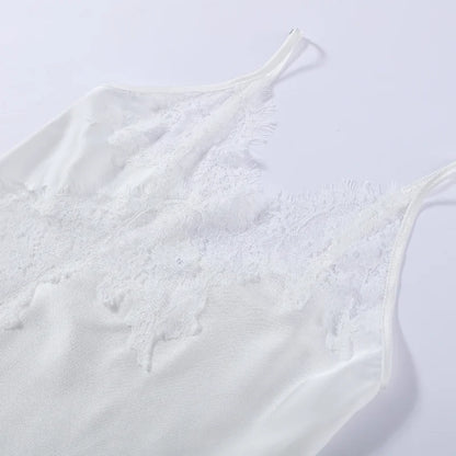Women Short Set Satin Lace Spaghetti Strap V-Neck Top Drawstring Waist Lace Trim Shorts Elegant Casual Solid Two Piece Set Lady