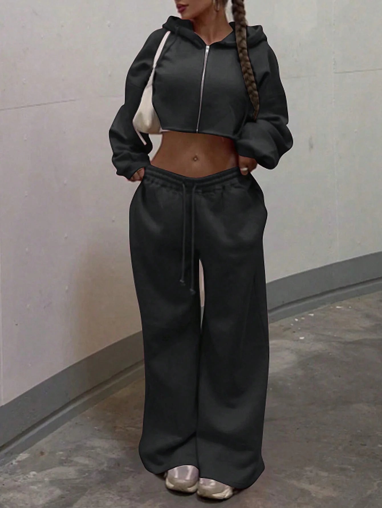 Hooded Zip-up Cropped Sweatshirt and Long Pants