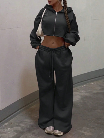 Hooded Zip-up Cropped Sweatshirt and Long Pants