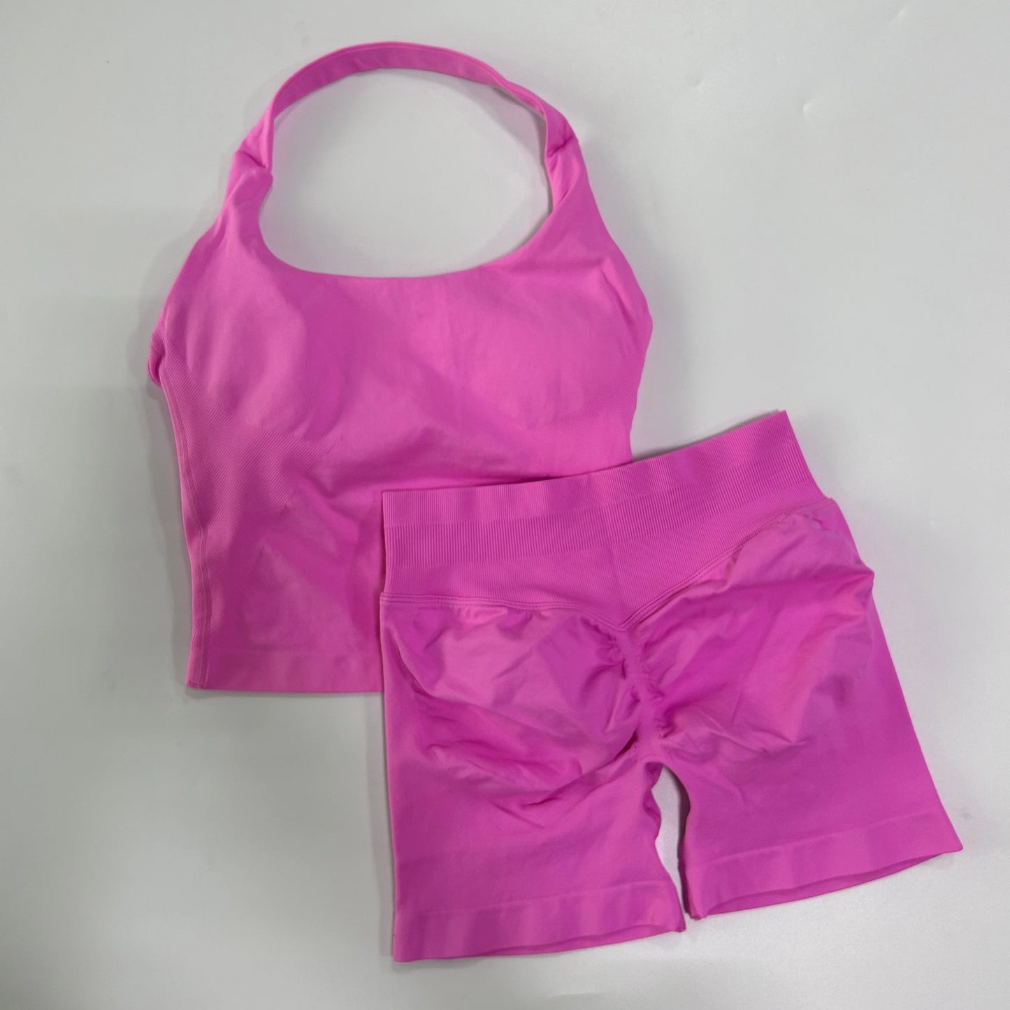 2pcs Women's Gym Set Backless Tank Top High Waist Scrunch Shorts Seamless Fitness Activewear Workout Suit
