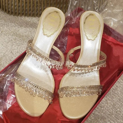 2025 Summer New Sexy Women Sandals Thin Heel Rhinestone High Heels Open Toe Backless Slippers Fairy Style