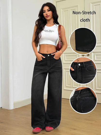 Trendy Wide Leg Distressed Straight Jeans for Women Elastic Casual Bootcut Denim Pants Bestseller Fashionable Ladies Jeans